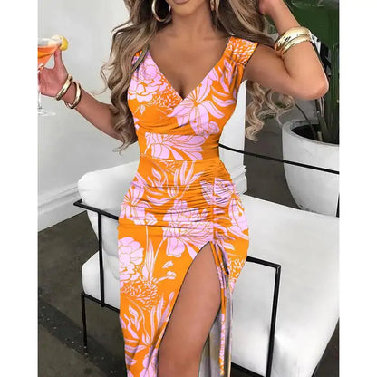 Summer Women Print Dress Fashion Casual Elegant V-neck Sleeveless Bodycon Beach Party Dresses Robe Femme 2024 New Vestidos-1