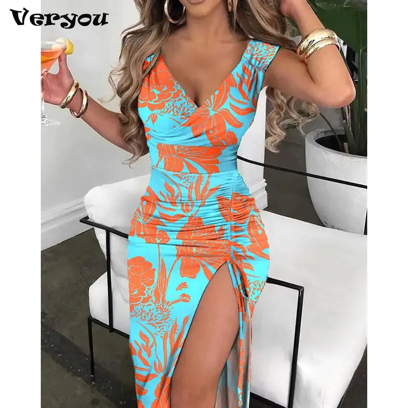 Summer Women Print Dress Fashion Casual Elegant V-neck Sleeveless Bodycon Beach Party Dresses Robe Femme 2024 New Vestidos-1