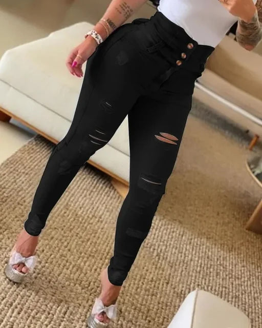 Chic High Waist Distressed Jeans-1