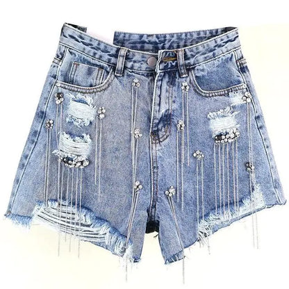 Glamouröse Jeansshorts mit Quasten und Strass