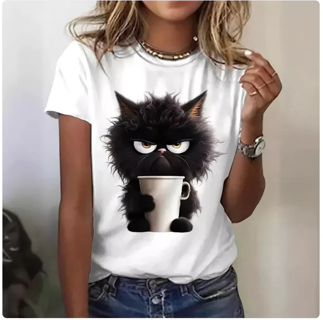 T-Shirt mit verspielter Katzen-Grafik für Damen-1