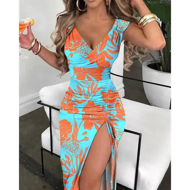 Sommer Frauen Print Kleid Mode Lässig Elegante V-ausschnitt Ärmelloses Bodycon Strand Party Kleider Robe Femme 2024 Neue Vestidos-1