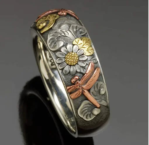 Antique Sunflower & Dragonfly Statement Ring-1