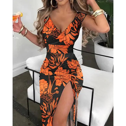 Summer Women Print Dress Fashion Casual Elegant V-neck Sleeveless Bodycon Beach Party Dresses Robe Femme 2024 New Vestidos-1