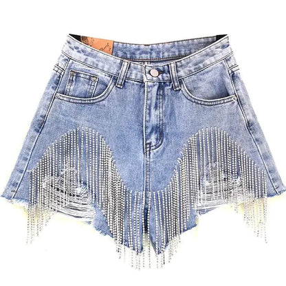 Glam Tassel Rhinestone Denim Shorts