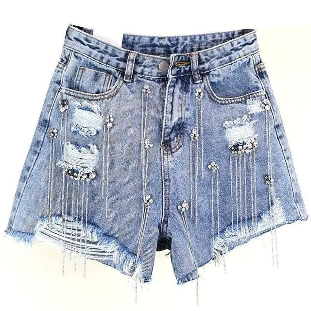 Glam Tassel Rhinestone Denim Shorts