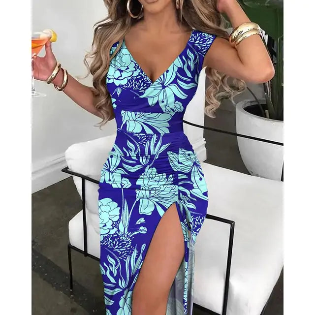 Sommer Frauen Print Kleid Mode Lässig Elegante V-ausschnitt Ärmelloses Bodycon Strand Party Kleider Robe Femme 2024 Neue Vestidos-1